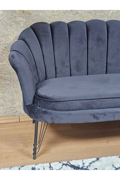 İkili İstiridye Siyah Boyalı Telli Ayak Çay Seti Koltuk Tekli Berjer , İkili Berjer Koltuk Füme Renk 110 x 48 Boyut/Ebat - 4