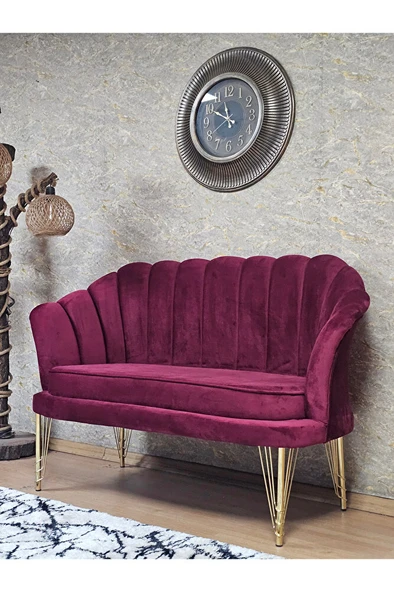 İkili İstiridye Gold Kaplama Telli Ayak Çay Seti Koltuk Tekli Berjer , İkili Berjer Koltuk Bordo Renk 110 x 48 Boyut/Ebat - 3