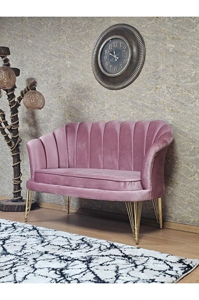 İkili İstiridye Gold Kaplama Telli Ayak Çay Seti Koltuk Tekli Berjer , İkili Berjer Koltuk Pembe Renk 110 x 48 Boyut/Ebat - Resim 3