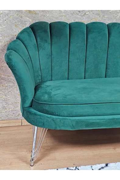 İkili İstiridye Krom Kaplama Telli Ayak Çay Seti Koltuk Tekli Berjer , İkili Berjer Koltuk Yeşil Renk 110 x 48 Boyut/Ebat - 4