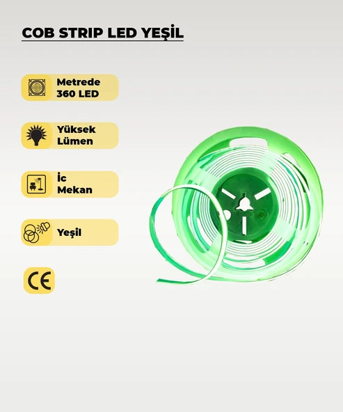 12V COB Şerit Led Yeşil Işık  - Metrede 360 Led - 5 Metre - 1