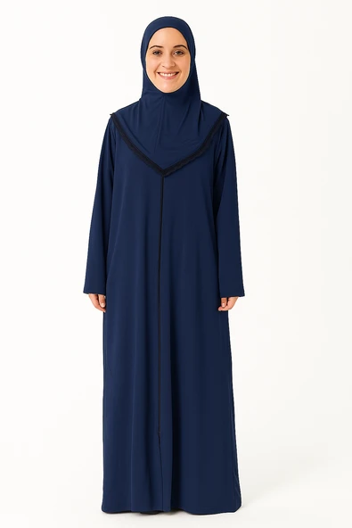 Kendinden Örtülü Fermuarlı Namaz Elbisesi – Lacivert - 9