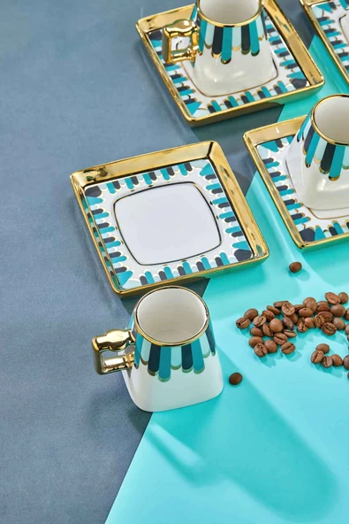 Cooker 90 ml Porselen 6'lı Kahve Fincanı Seti - Şık Tasarım Altın Yaldızlı Modern Fincan Takımı - Resim 6