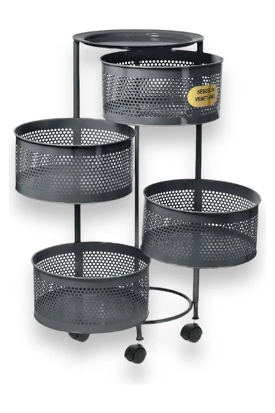 ERGENÇLERZÜCCACİYE Antrasit Metal 4 Katlı Yana Açılır Tekerlekli Patates Soğan Sarımsak Sebzelik Meyvelik Sepeti - Resim 2