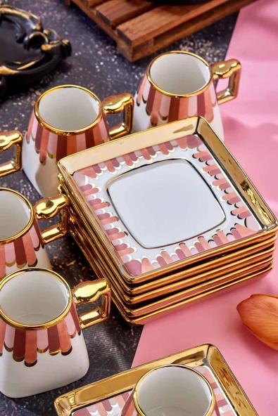 Cooker 90 ml Porselen 6'lı Kahve Fincanı Seti - Şık Tasarım Altın Yaldızlı Modern Fincan Takımı - Resim 5