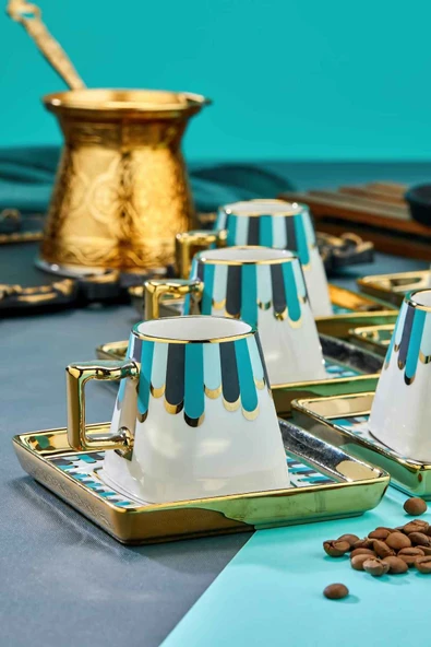 Cooker 90 ml Porselen 6'lı Kahve Fincanı Seti - Şık Tasarım Altın Yaldızlı Modern Fincan Takımı - Resim 5