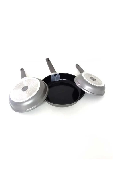 OMS 15016 - 3 Parça, İndüksiyonlu Ocak Uyumlu, Döküm, Seramik, ( 20 - 24 - 28 Cm ) Tava Seti Siyah - Resim 4