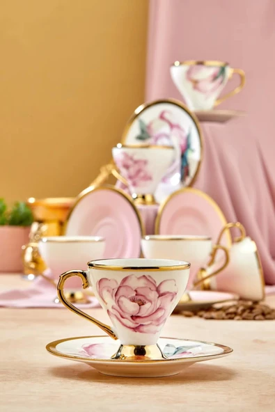 Cooker Lüks Porselen Çiçekli Yaldız Detaylı 6 Kişilik Türk Kahve Fincan Takımı - Resim 2