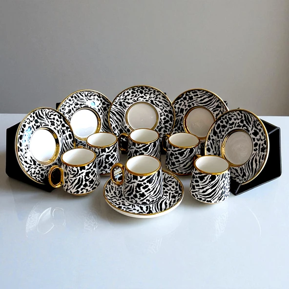 Sudedi Home Della 6 Kişilik Leopar & Zebra Desenli Porselen Türk Kahvesi Fincan Takımı - Siyah Beyaz ve Altın Detaylı ürün görseli 1