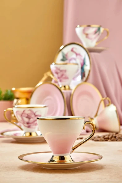 Cooker Lüks Porselen Çiçekli Yaldız Detaylı 6 Kişilik Türk Kahve Fincan Takımı - Resim 6