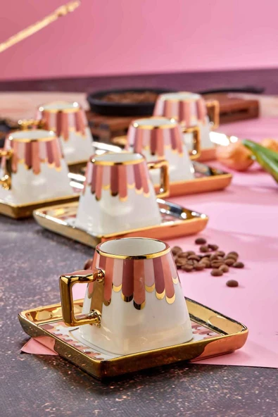 Cooker 90 ml Porselen 6'lı Kahve Fincanı Seti - Şık Tasarım Altın Yaldızlı Modern Fincan Takımı - Resim 2