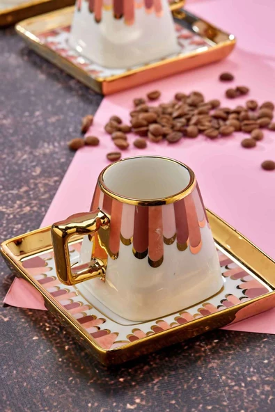 Cooker 90 ml Porselen 6'lı Kahve Fincanı Seti - Şık Tasarım Altın Yaldızlı Modern Fincan Takımı - Resim 3