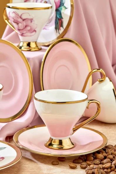 Cooker Lüks Porselen Çiçekli Yaldız Detaylı 6 Kişilik Türk Kahve Fincan Takımı - Resim 3