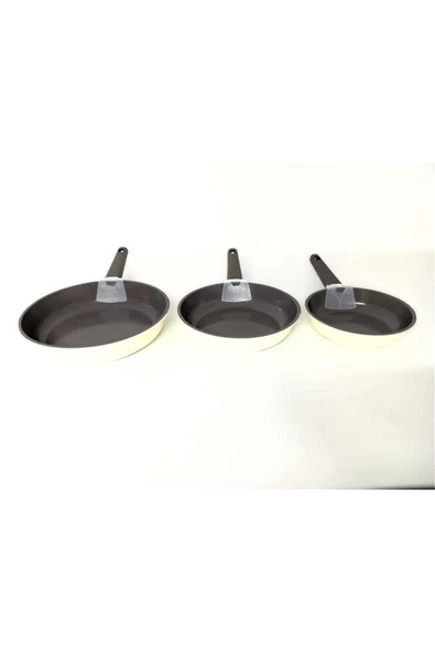 OMS 15016 - 3 Parça, İndüksiyonlu Ocak Uyumlu, Döküm, Seramik, ( 20 - 24 - 28 Cm ) Tava Seti Krem Rengi - Resim 3