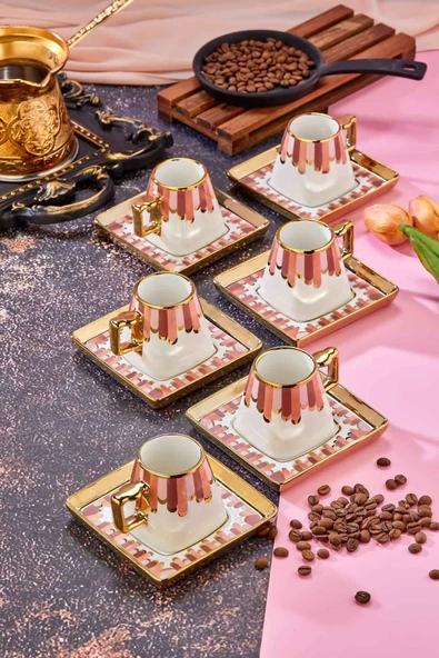 Cooker 90 ml Porselen 6'lı Kahve Fincanı Seti - Şık Tasarım Altın Yaldızlı Modern Fincan Takımı ürün görseli 1