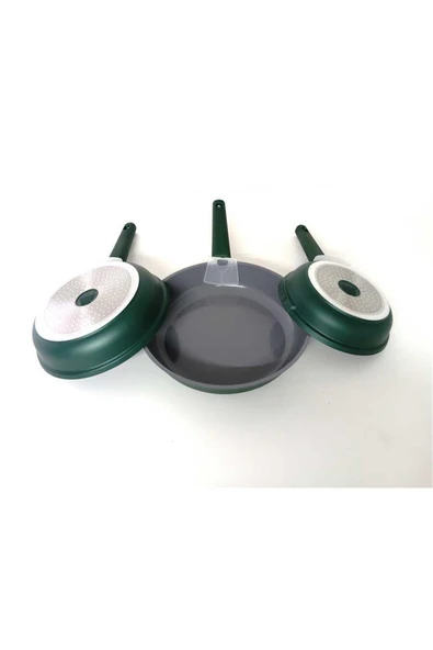 OMS 15016 - 3 Parça, İndüksiyonlu Ocak Uyumlu, Döküm, Seramik, ( 20 - 24 - 28 Cm ) Tava Seti Yeşil - Resim 3