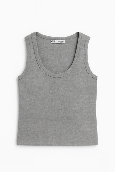 Kadın Gri Kaşkorse Kumaş Geniş Askılı Crop Bluz - Resim 3