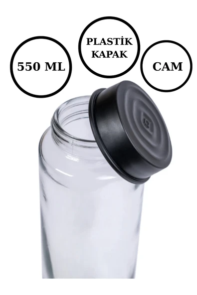 Cam Matara 550 ml – Ölçülü Su Şişesi, Plastik Kapaklı Sağlıklı Cam Su Şişesi - 1