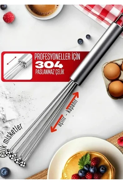 IVORY Profosyonel Top uçlu Ayarlanabilir Paslanmaz Uzun Çelik Çırpıcı (30 cm) - Resim 2