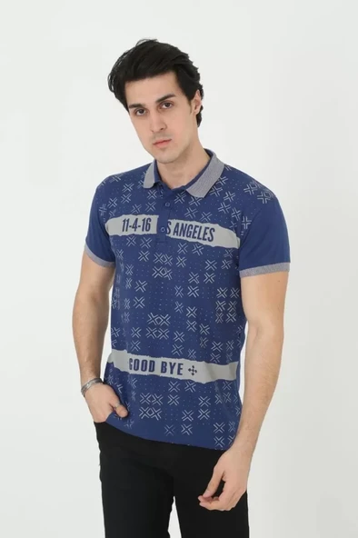 Erkek Yakalı Slim Fit Baskılı T-Shirt - Mavi - Resim 3