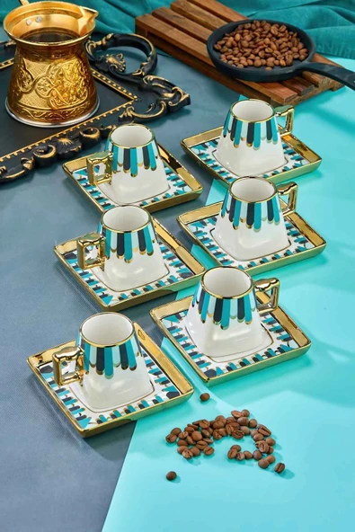 Cooker 90 ml Porselen 6'lı Kahve Fincanı Seti - Şık Tasarım Altın Yaldızlı Modern Fincan Takımı ürün görseli