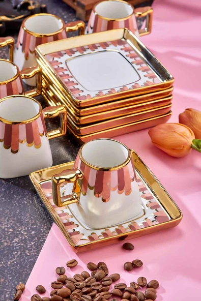 Cooker 90 ml Porselen 6'lı Kahve Fincanı Seti - Şık Tasarım Altın Yaldızlı Modern Fincan Takımı - Resim 4