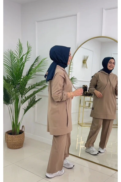 Kadın 2'li Tunik Pantolon Takım, Kapüşonlu Sweat Tunik,Pantolon Set - 9