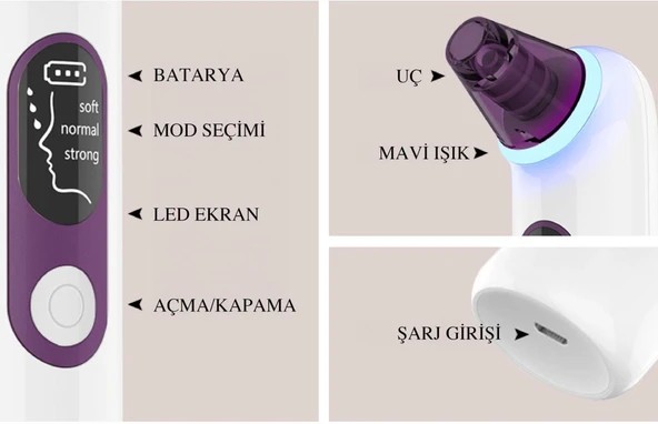 Profesyonel Mavi Işıklı Siyah Nokta ve Akne Temizleyici  4 Başlık, 3 Emiş Modu, LCD Ekranlı - 5