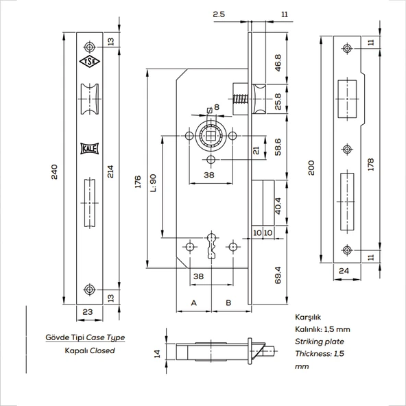 Oda İç Kapı Kilidi Köşeli 40 mm 1 Anahtarlı Dayanıklı Metal Gövde Ahşap Kapılar İçin Gömme Kilit - Resim 2
