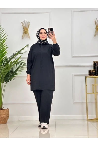 Kadın 2'li Tunik Pantolon Takım, Kapüşonlu Sweat Tunik,Pantolon Set - 1