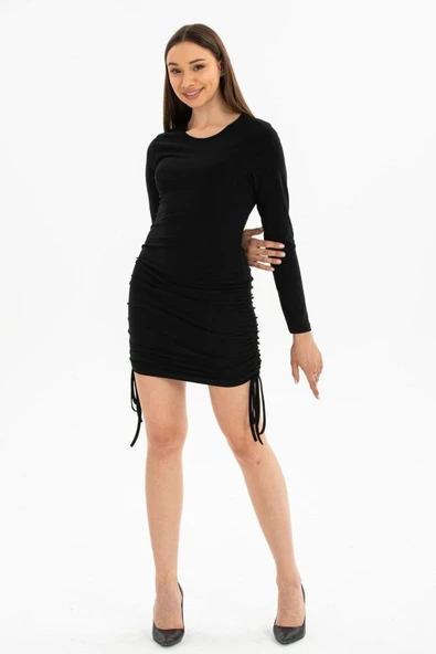 Kadın Uzun Kol Büzgü Detaylı Sandy Kumaş Ayarlanabilir Boy Fırsat Ürün Elbise - Resim 2