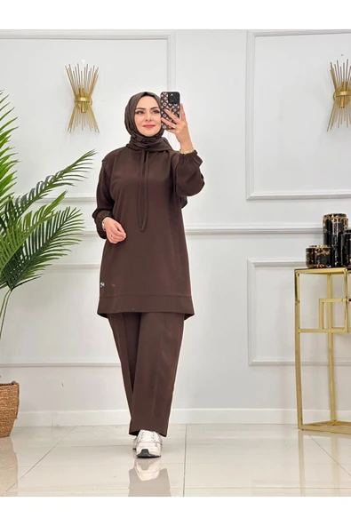 Kadın 2'li Tunik Pantolon Takım, Kapüşonlu Sweat Tunik,Pantolon Set - 10