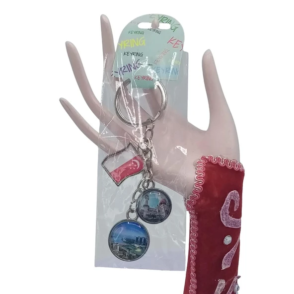 Singapur Üçlü Epoksi Metal Çift Taraflı Damla Anahtarlık Singapore - Resim 2