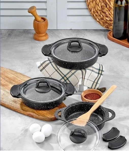 Eda tuğra 3 lü granit döküm kapaklı sahan tava seti - yanmaz yapışmaz silikon tutmaçlı siyah ürün görseli
