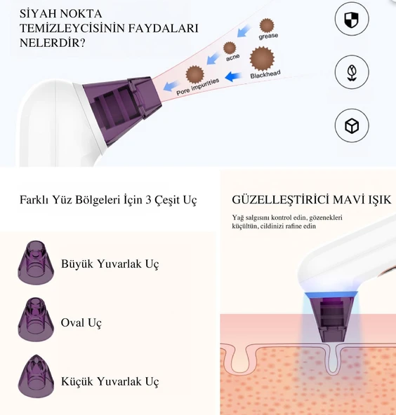Profesyonel Mavi Işıklı Siyah Nokta ve Akne Temizleyici  4 Başlık, 3 Emiş Modu, LCD Ekranlı - 4
