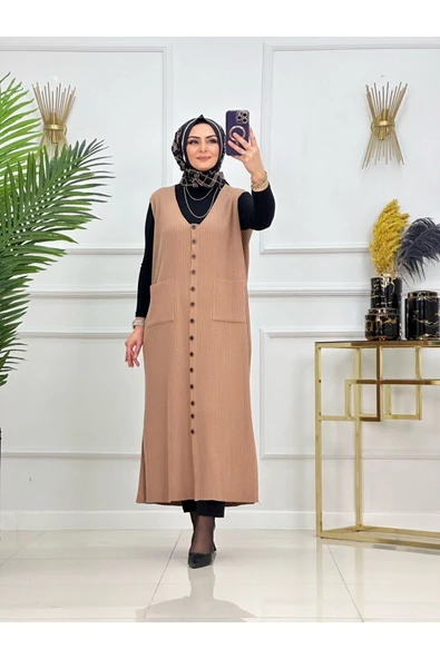 Fitilli Triko Kadın Yelek, Uzun Elbise Görünümlü Yelek - 5