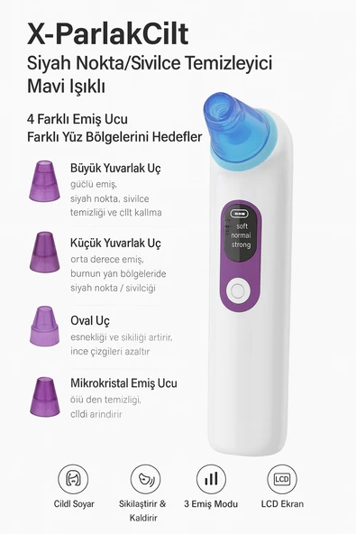 Profesyonel Mavi Işıklı Siyah Nokta ve Akne Temizleyici  4 Başlık, 3 Emiş Modu, LCD Ekranlı