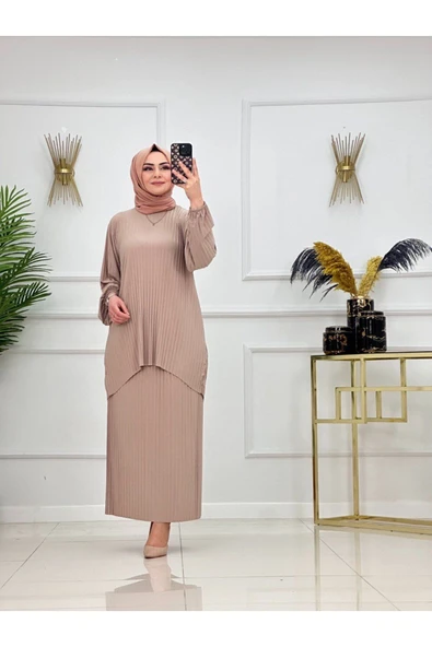 Kadın Tesettür 2'Li Takım Piliseli Etek & Tunik Asimetrik Takım - 11