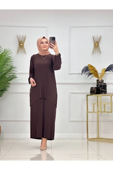 Kadın Tesettür 2'Li Takım Piliseli Etek & Tunik Asimetrik Takım - 3