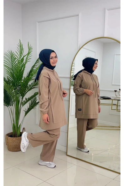 Kadın 2'li Tunik Pantolon Takım, Kapüşonlu Sweat Tunik,Pantolon Set - 7