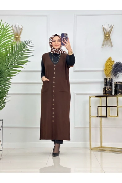 Fitilli Triko Kadın Yelek, Uzun Elbise Görünümlü Yelek - 7