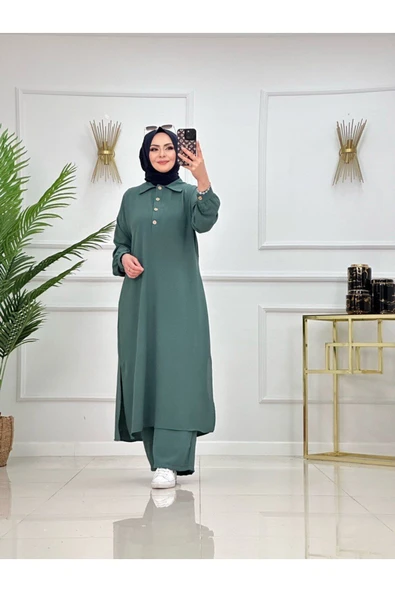 2'li Kadın Pantolon Tunik Takımı, Polo Yaka Düğmeli Elbise - 5