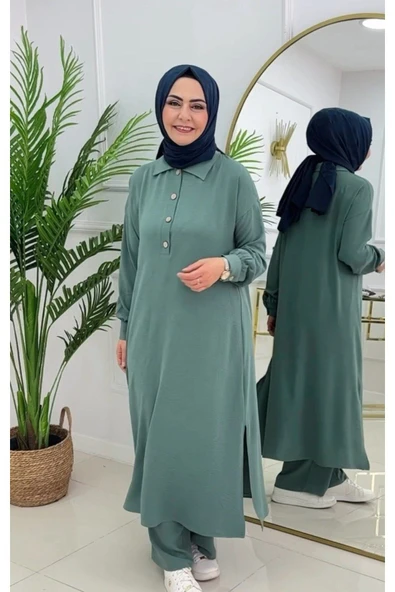 2'li Kadın Pantolon Tunik Takımı, Polo Yaka Düğmeli Elbise - 7
