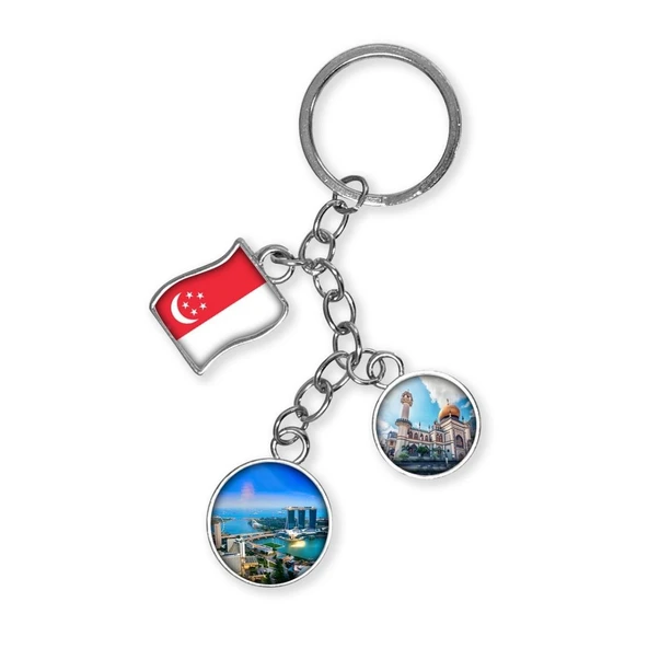 Singapur Üçlü Epoksi Metal Çift Taraflı Damla Anahtarlık Singapore ürün görseli