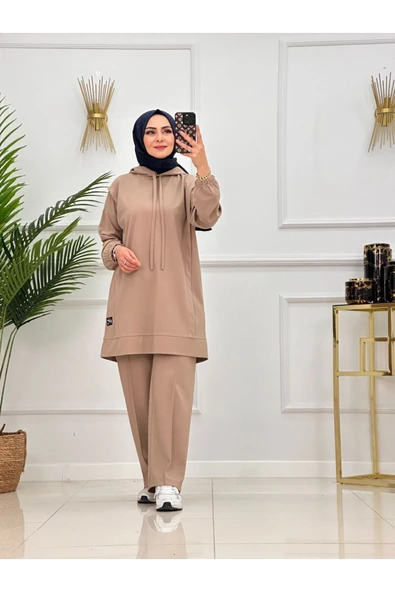 Kadın 2'li Tunik Pantolon Takım, Kapüşonlu Sweat Tunik,Pantolon Set - 6