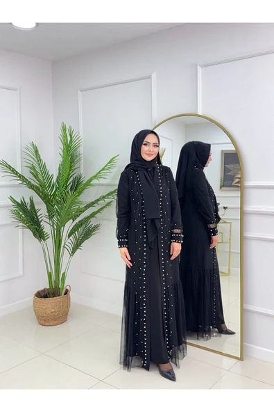 Kadın Tesettür 2'Li Abaya , İnci Çakma Tül Kumaş Elbise ürün görseli