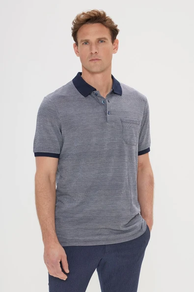 Altınyıldız Classics Erkek Lacivert Comfort Fit Rahat Kesim Polo Yaka Jakarlı Tişört - Resim 3