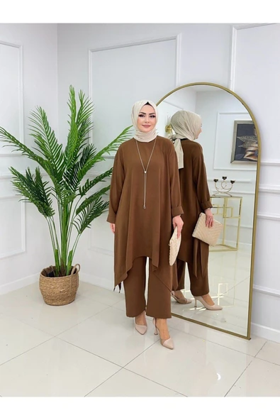 Kadın Tesettür 2'Li Takım Asimetrik Kesim Tunik & Pantolon Takımı - 3