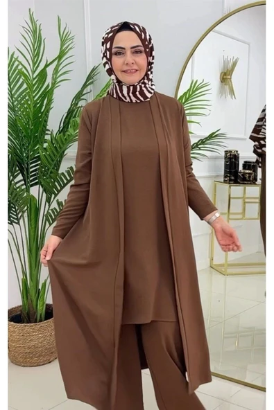 Kadın Tesettür 3'Lü Takım, İçlik Tunik & Pantolon & Abaya - 2