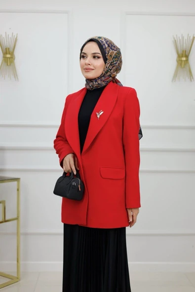 Kadın Ceket Astarlı Duble Kumaş Broş Detaylı Ceket - 5